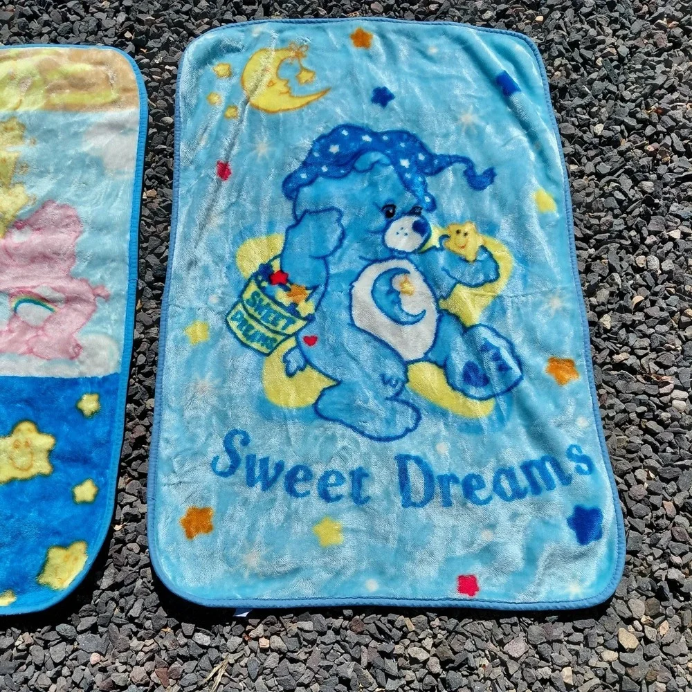 2 Vtg Care Bears Sweet Dreams Bedtime Bear Toddler Baby Blanket Blue Fuzzy Z